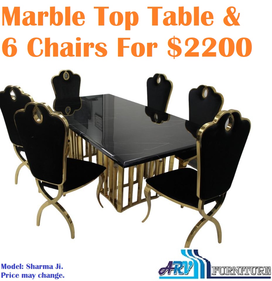 MARBLE DINING TABLE CHAIRS GOLDEN LEGS ARV FURNITURE MISSISSAUGA
